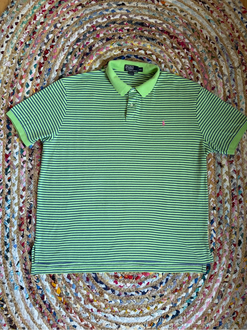 Polo by Ralph Lauren Green and Navy Striped with Pink Pony Cotton Polo Shirt